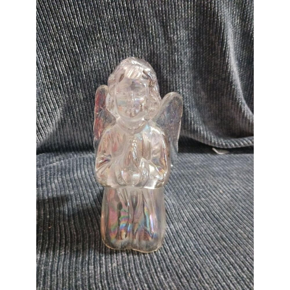 Vintage Iridiscent Glass Angel Figurine Halo Praying Tealight Candle Holder